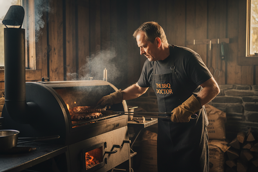 Pit Master Kristopher Day tending to the smoker